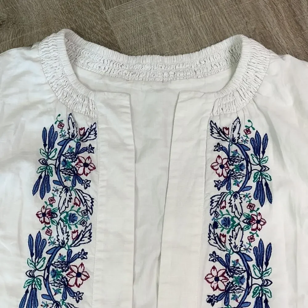 NANETTE LEPORE White Floral Embroider Peasant Crop Linen Blend Open Front Jacket